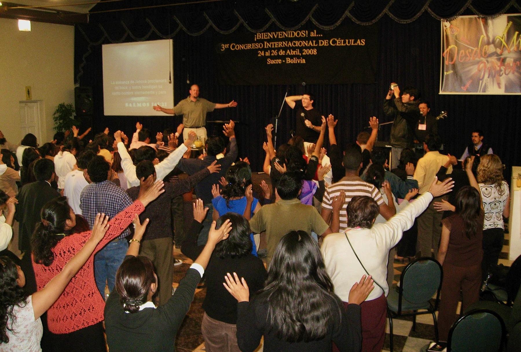 Worship service at Movimiento Cristiano Celular in Sucre, Bolivia.