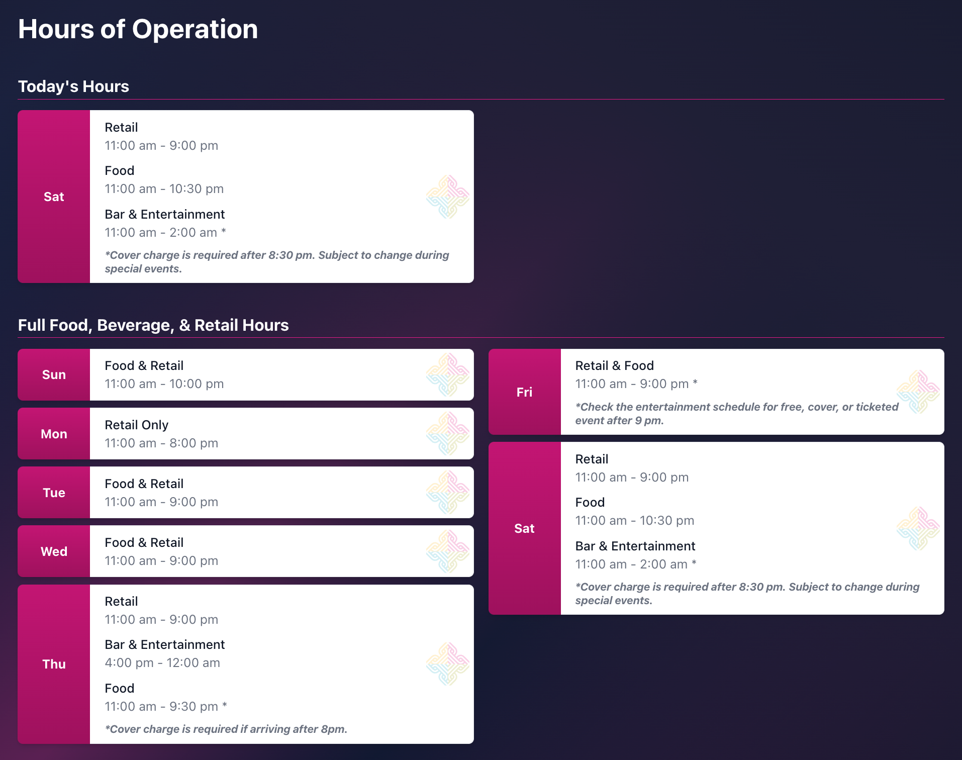 Plaza Mariachi Hours of Operation Page