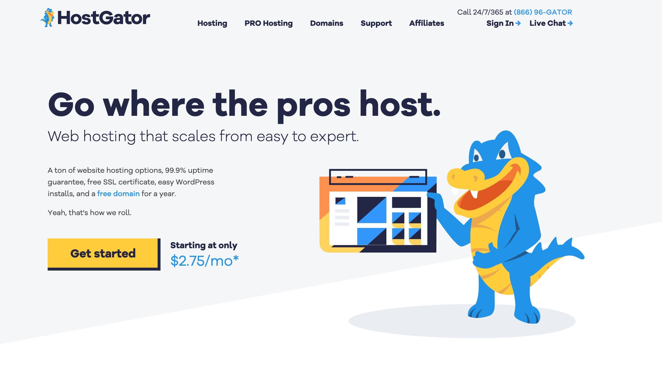 screenshot of the HostGator home page in 2021