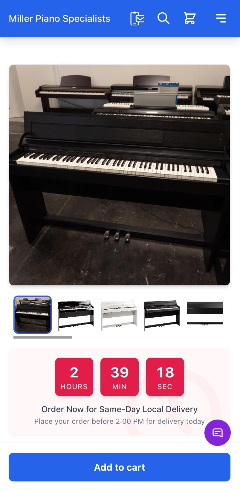 Miller Piano Specialists mobile product page with countdown timer for same-day delivery