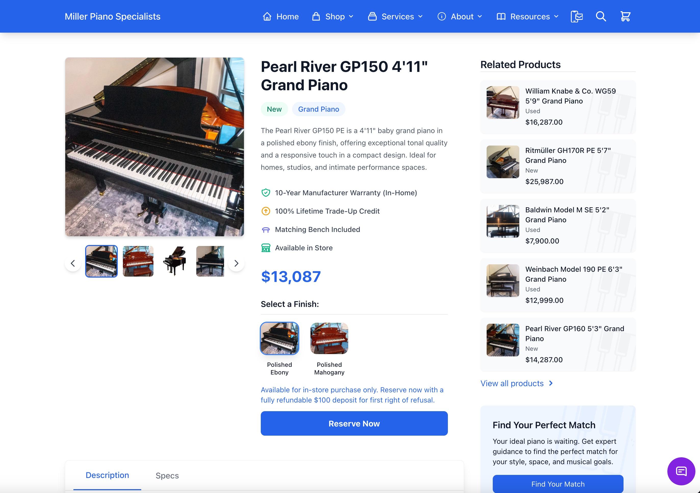 Miller Piano Specialists product page with customizable options