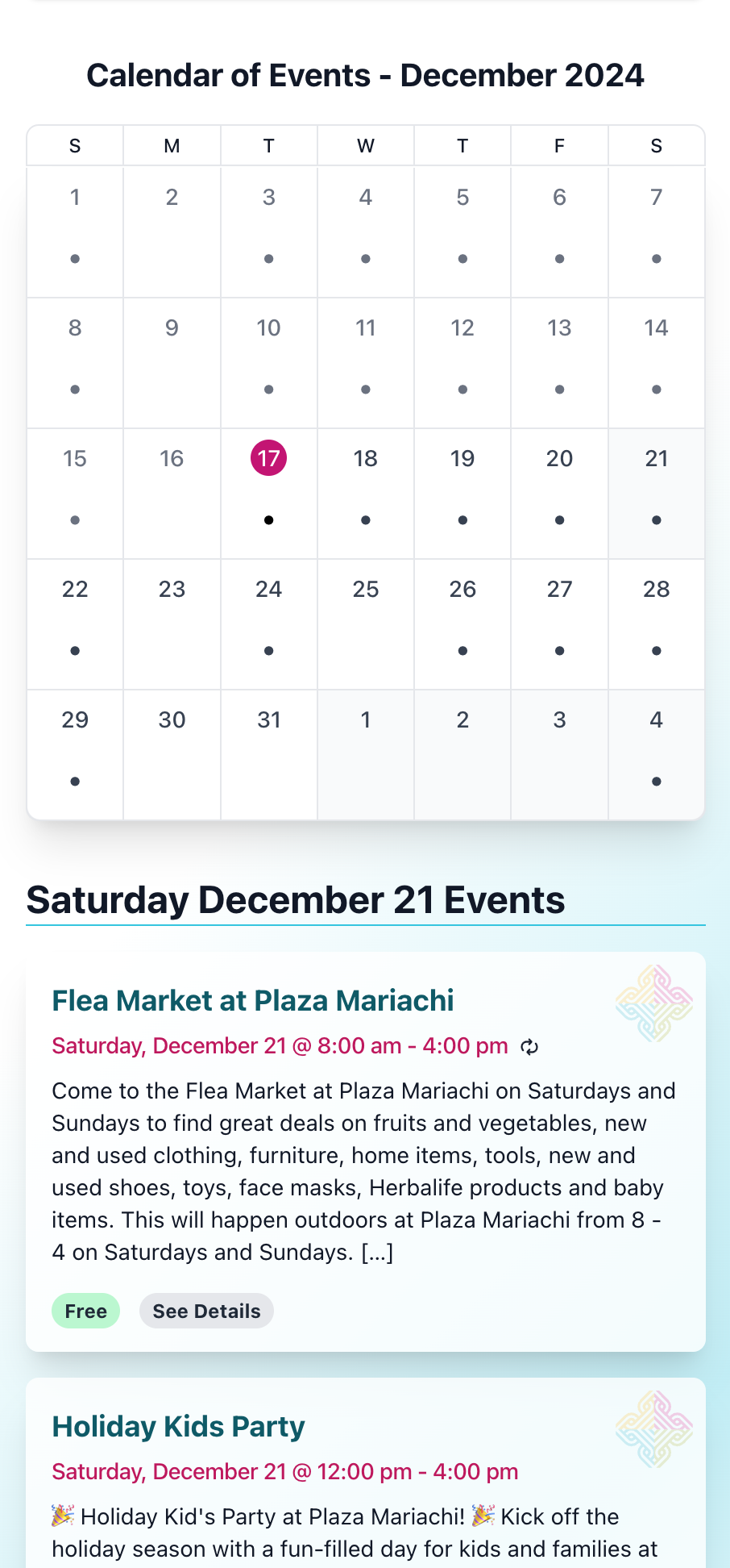 Plaza Mariachi Monthly Calendar - Mobile Version