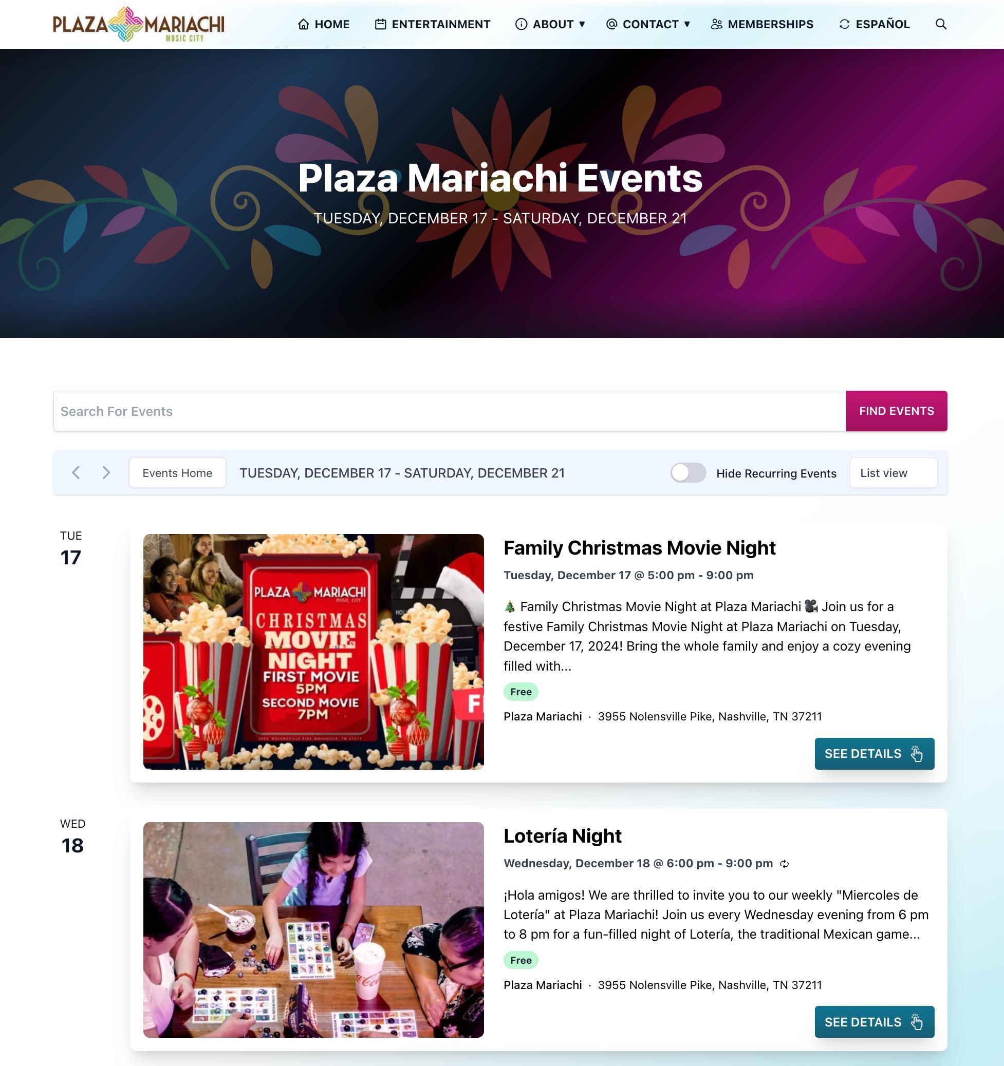 Plaza Mariachi Main Events Page