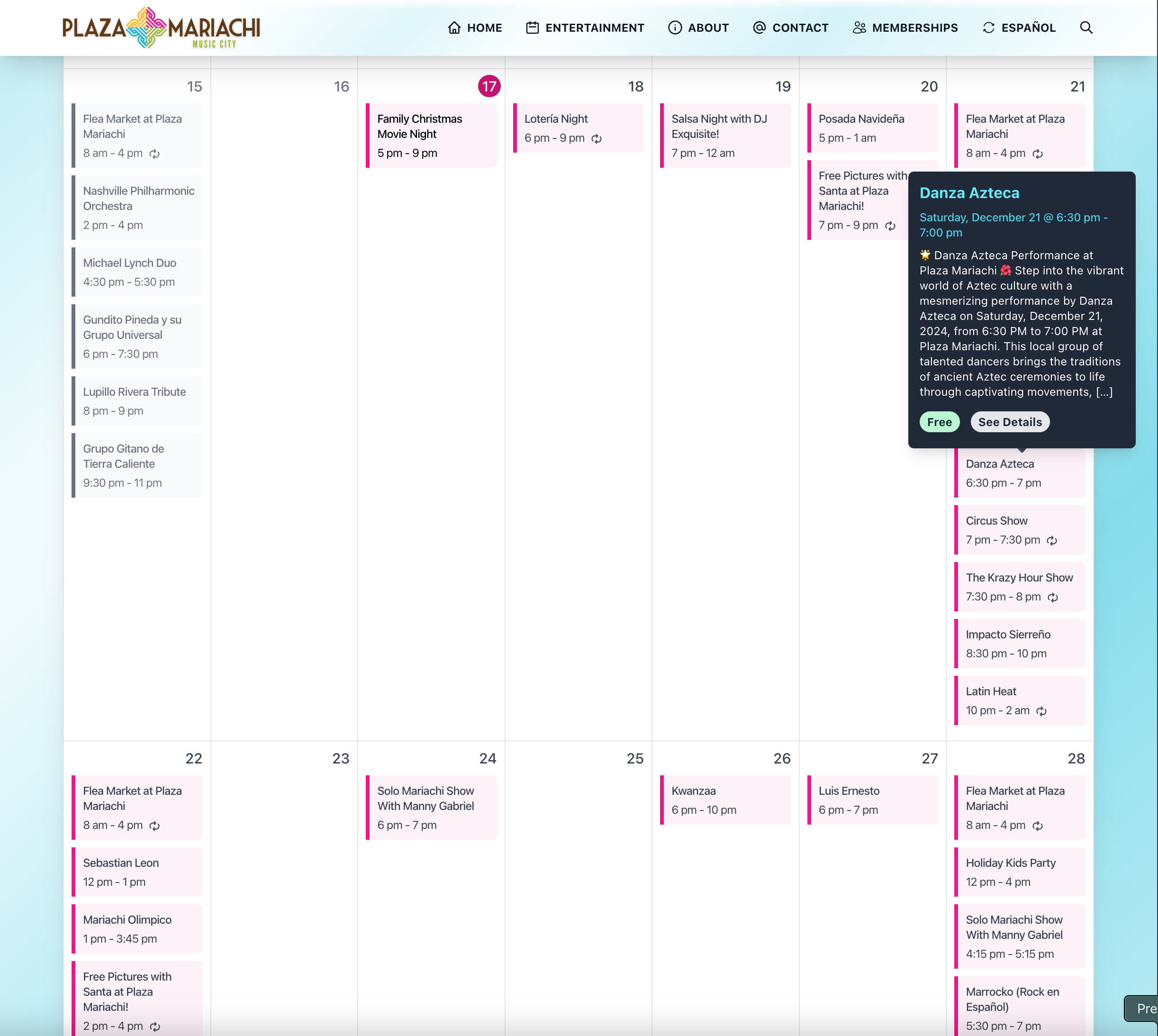 Plaza Mariachi Monthly Calendar with Tooltip