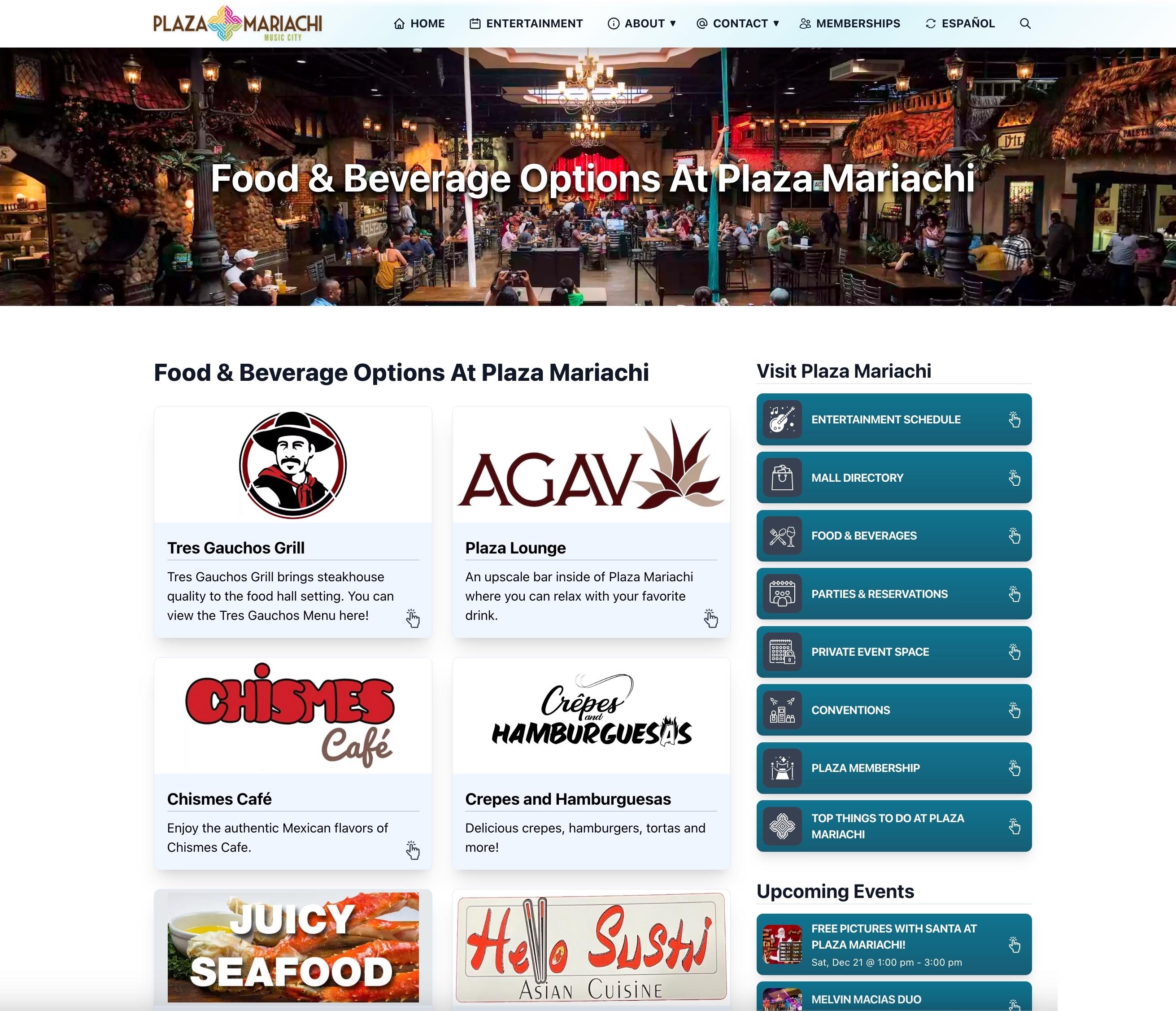 Plaza Mariachi's interactive Food & Beverage page, showcasing a design built for engagement with clickable icons, a variety of options, and a quick-link sidebar for seamless navigation.