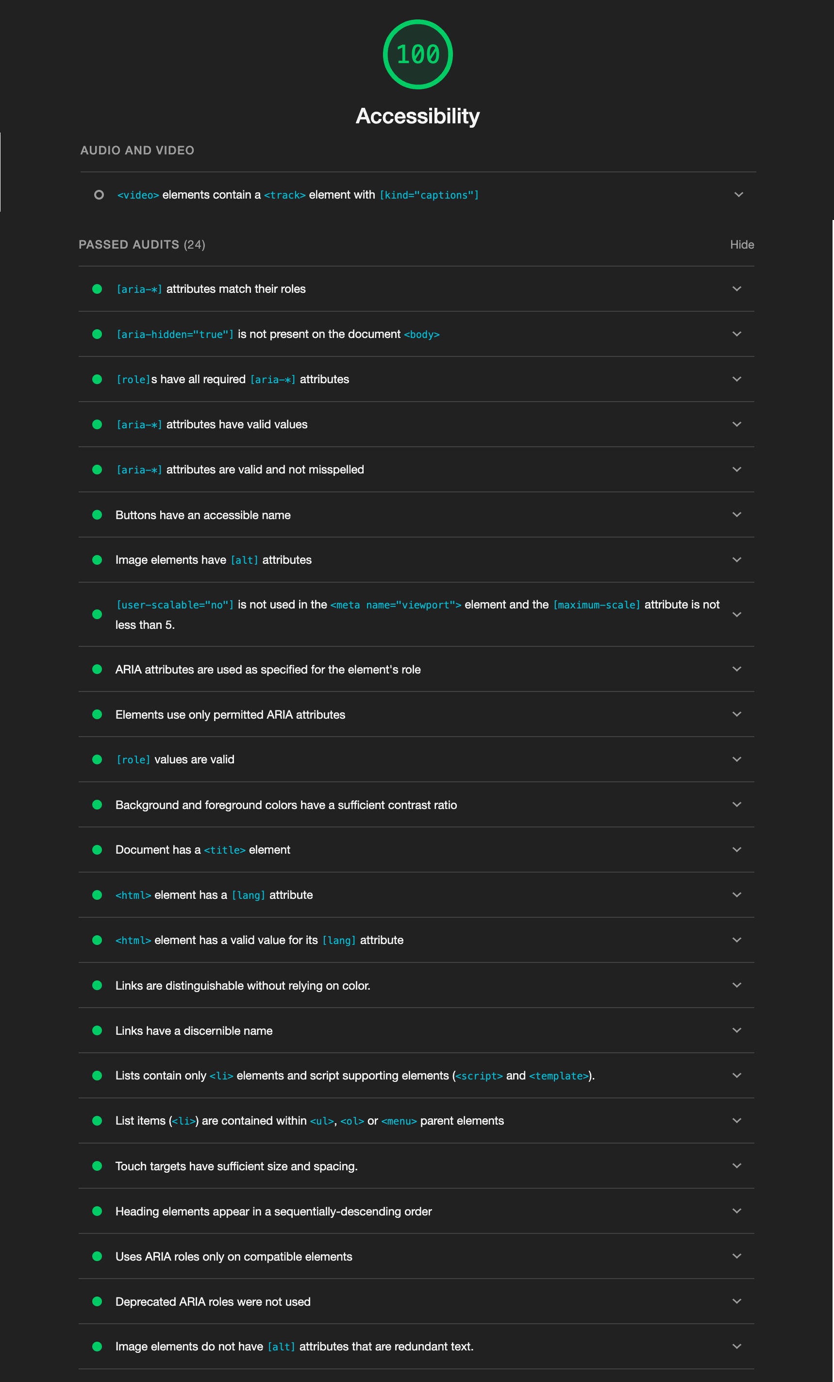 Lighthouse Accessibility report for Plaza Mariachi's website showing a perfect score of 100, with all audits passed, including proper use of ARIA attributes, alt text for images, and sufficient contrast ratios.