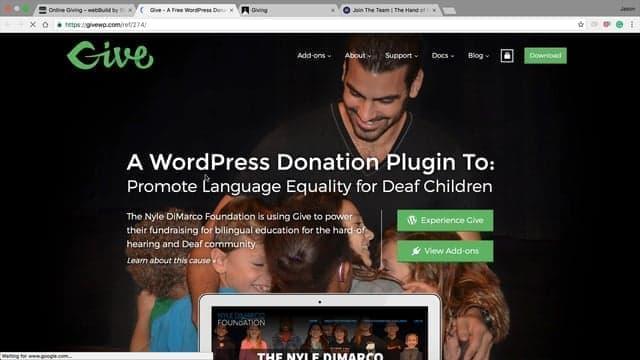 Screenshot of GiveWP homepage showcasing online giving features