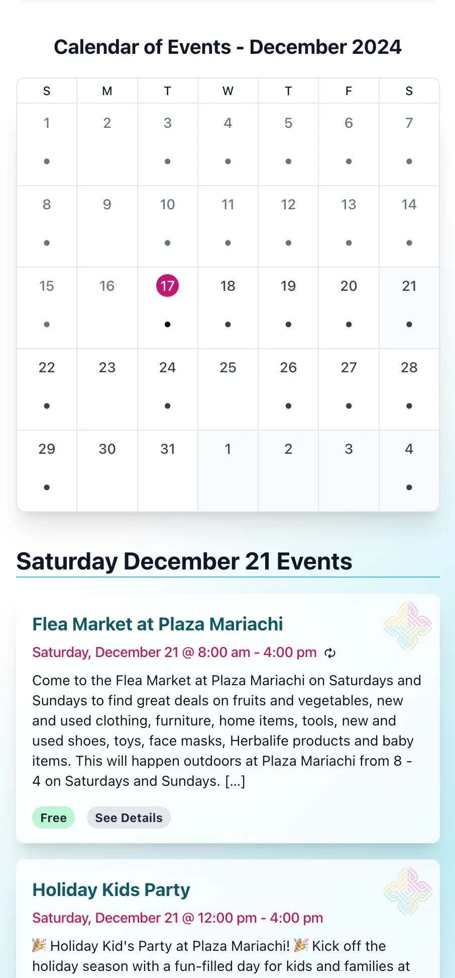 Plaza Mariachi Monthly Calendar - Mobile Version