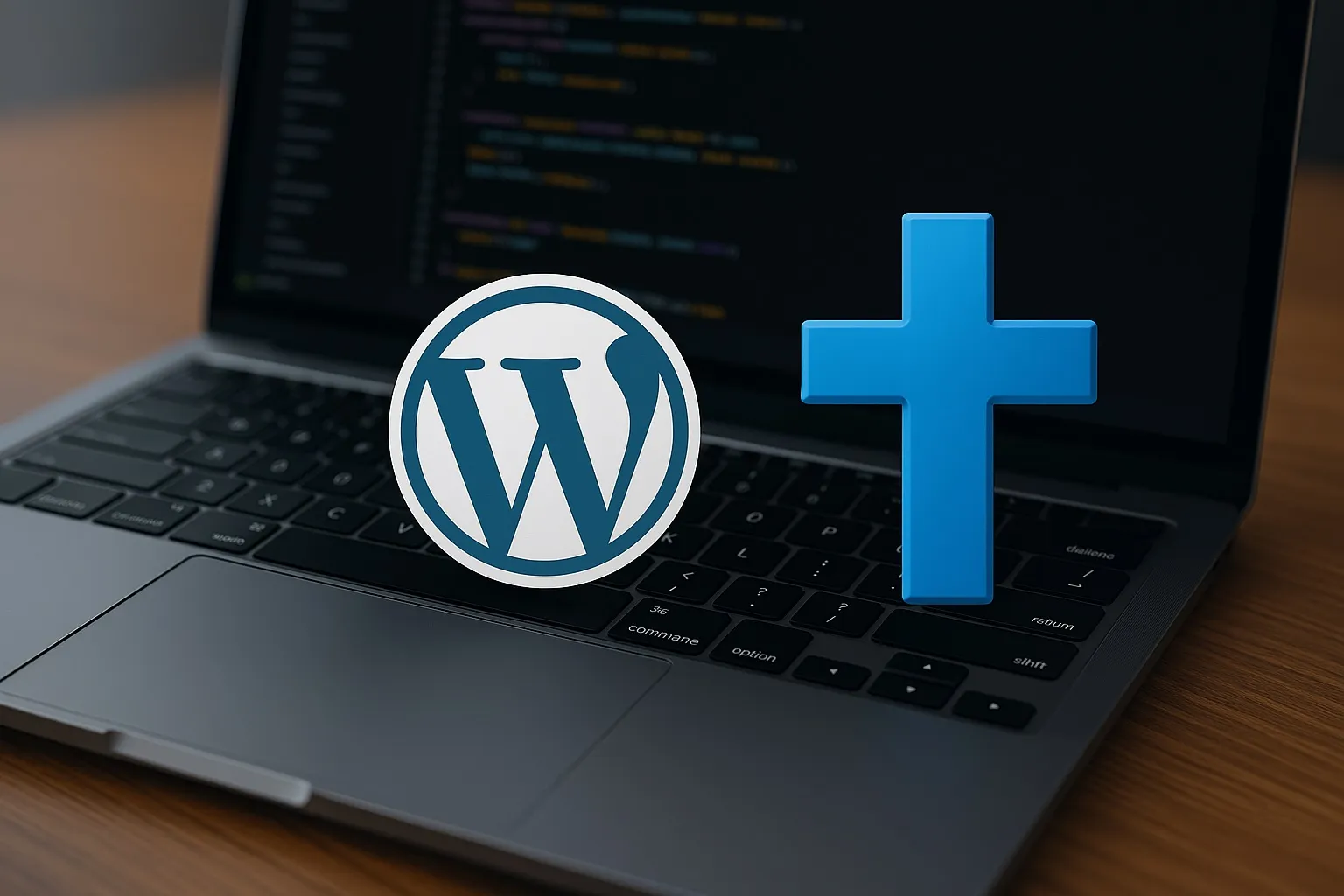 A modern laptop displaying a WordPress development environment, a Wordpress logo and a Christian cross