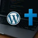 A modern laptop displaying a WordPress development environment, a Wordpress logo and a Christian cross