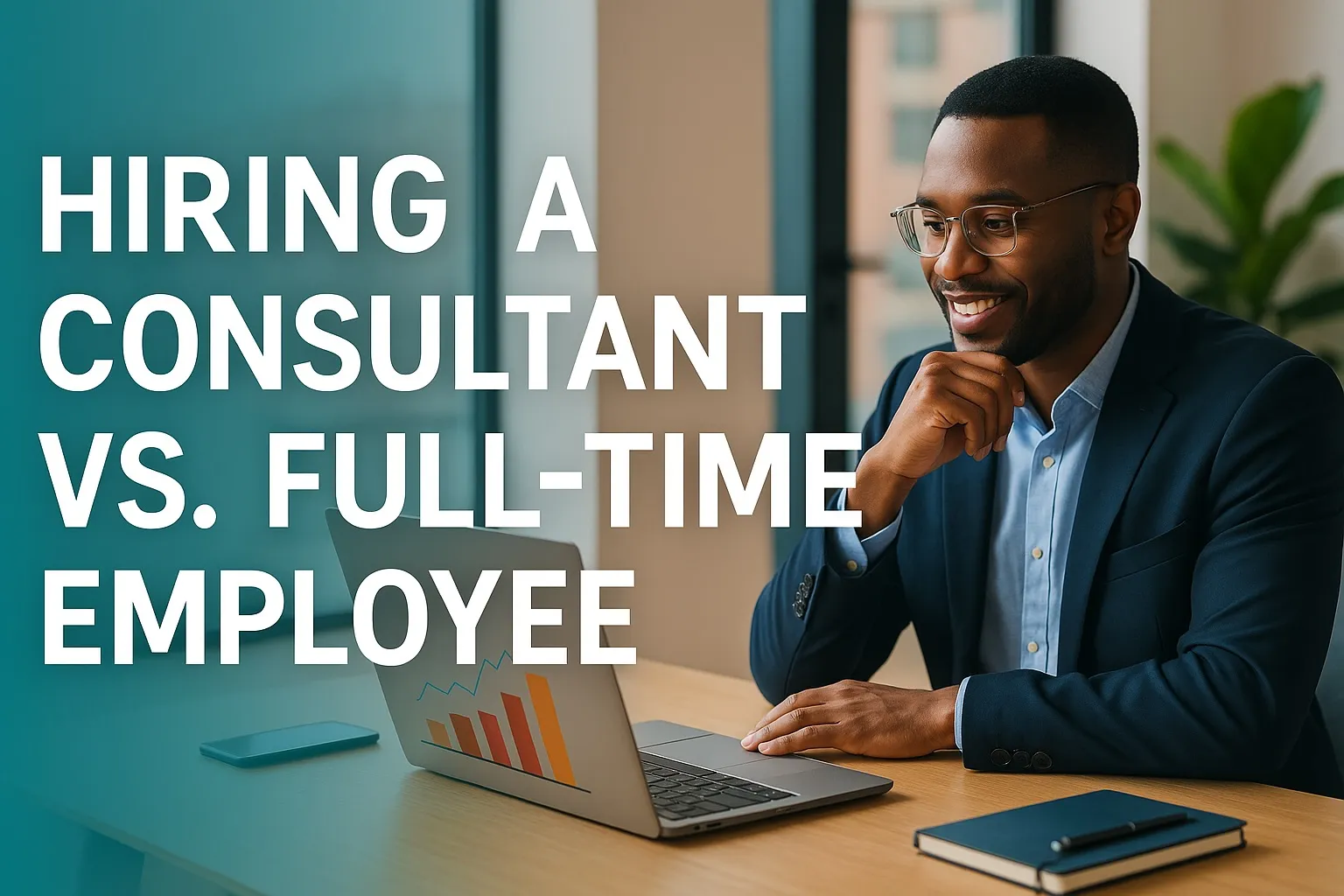 Professional man smiling while reviewing business graphs on a laptop, with text overlay 'HIRING A CONSULTANT VS. FULL-TIME EMPLOYEE'.