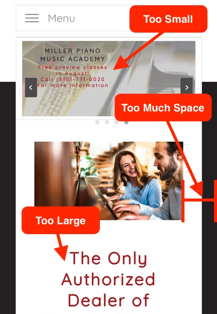 Miller Piano Specialists mobile website before we took over